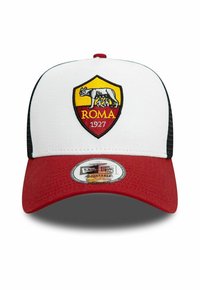 Baseballcap mit einer weißen Vorderseite, rotem Schirm und schwarzem Netzrücken. Mit einem gestickten Roma-Logo in Gelb und Rot. Verstellbare Passform.
