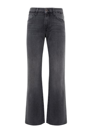 Flared black denim jeans with a mid-rise waist, featuring front pockets, a button closure, and subtle fading along the legs.
