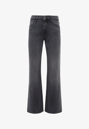 Flared black denim jeans with a mid-rise waist, featuring front pockets, a button closure, and subtle fading along the legs.