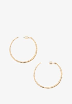 Gold hoop earrings with a braided texture, featuring a solid, cylindrical post back closure for secure fastening.