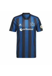 Fotbalový dres modro-černých pruhů vyrobený z lehkého materiálu. Obsahuje výstřih do V, krátké rukávy a logo na hrudi.