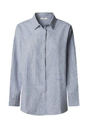 Chemise à manches longues à boutons avec rayures verticales bleues et blanches, col classique et poignets à boutons sur fond uni.