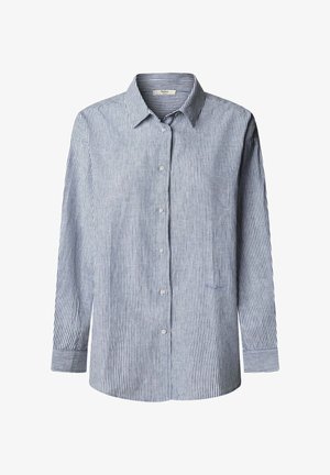 Camisa de manga larga con botones, rayas verticales azules y blancas, cuello clásico y puños abotonados sobre fondo liso.