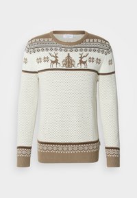 Pletený sveter v krémovej a hnedej farbe, s motívom jeleňa a vločiek. Náplece na rukávoch a spodnom okraji, štruktúrovaný dizajn s kontrastnými pásmi.