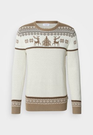 Gebreide trui in crème en beige, met een patroon van een hert en sneeuwvlokken. Geribbelde boorden en zoom, textuur met contrasterende banden.