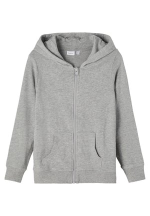 Szara bluza zapinana na zamek z kapturem, przednimi kieszeniami i ściągaczami przy mankietach. Materiał wydaje się miękki i elastyczny, odpowiedni do noszenia na co dzień.