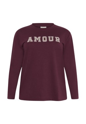 Burgundská mikina s dlouhým rukávem, na přední straně vyšívaný nápis "AMOUR" v bílé barvě, kulatý výstřih a měkká, strukturovaná tkanina.