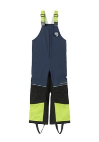 Tummansininen vedenpitävä haalari mustilla ja kirkkaan vihreillä yksityiskohdilla, säädettävät olkaimet ja edessä vetoketjukiinnitys. Logopatchi esillä.