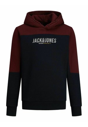 Mikina s kapucí s vínově červeným vrškem a tmavě modrým tělem, s žebrovanými manžetami a lemem. Na přední straně je nápis "JACK&JONES" v bílé a zlaté barvě.