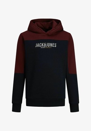 Sweat à capuche avec une partie supérieure bordeaux et un corps bleu marine, doté de poignets et d'un ourlet côtelés. Affiche le logo "JACK&JONES" en blanc et or.