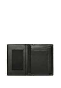 Czarny skórzany portfel z wieloma przegródkami na karty, siateczkowym okienkiem na dowód osobisty oraz gładką fakturą, z przeszytymi krawędziami dla większej wytrzymałości.