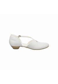Weißes Leder-Schuhwerk mit einem niedrigen, zulaufenden Absatz, überkreuztem Riemen-Design und spitzem Zeh. Glatte Textur und minimale Hardware-Akzente.