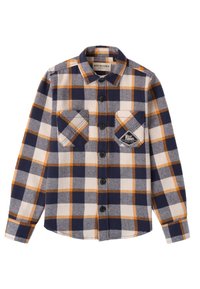 Geruite flanellen shirt in marineblauw, crème en oranje. Beschikt over twee borstzakken, knopen aan de voorkant en een afgeronde zoom.
