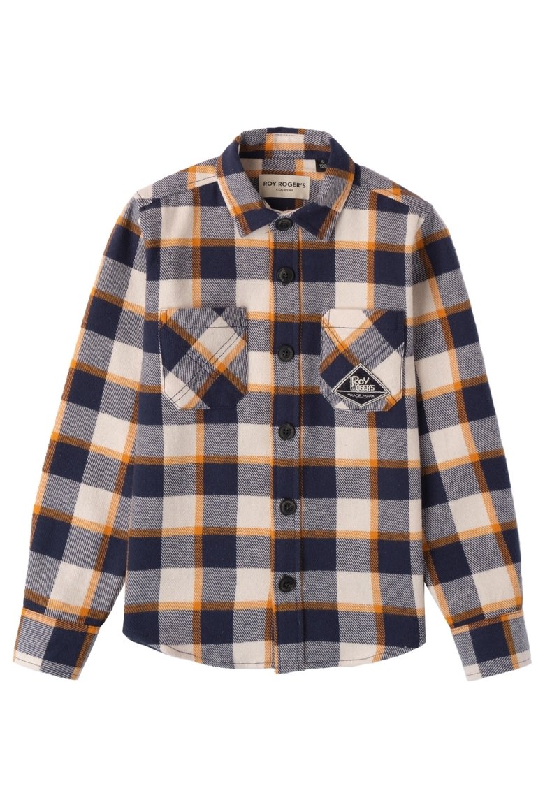 Geruite flanellen shirt in marineblauw, crème en oranje. Beschikt over twee borstzakken, knopen aan de voorkant en een afgeronde zoom.