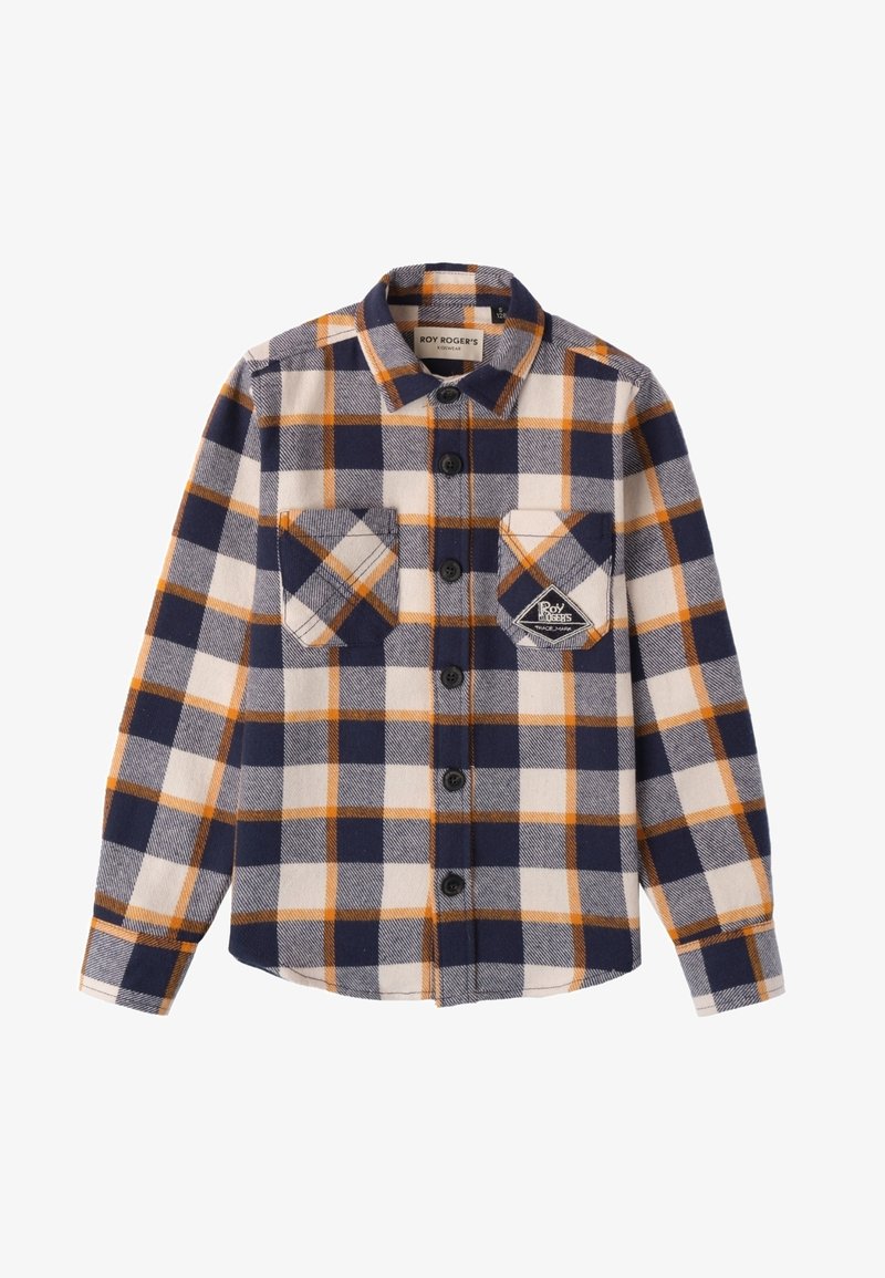 Camicia di flanella a quadri in blu navy, crema e arancio. Presenta due tasche sul petto, chiusura frontale con bottoni e orlo arrotondato.