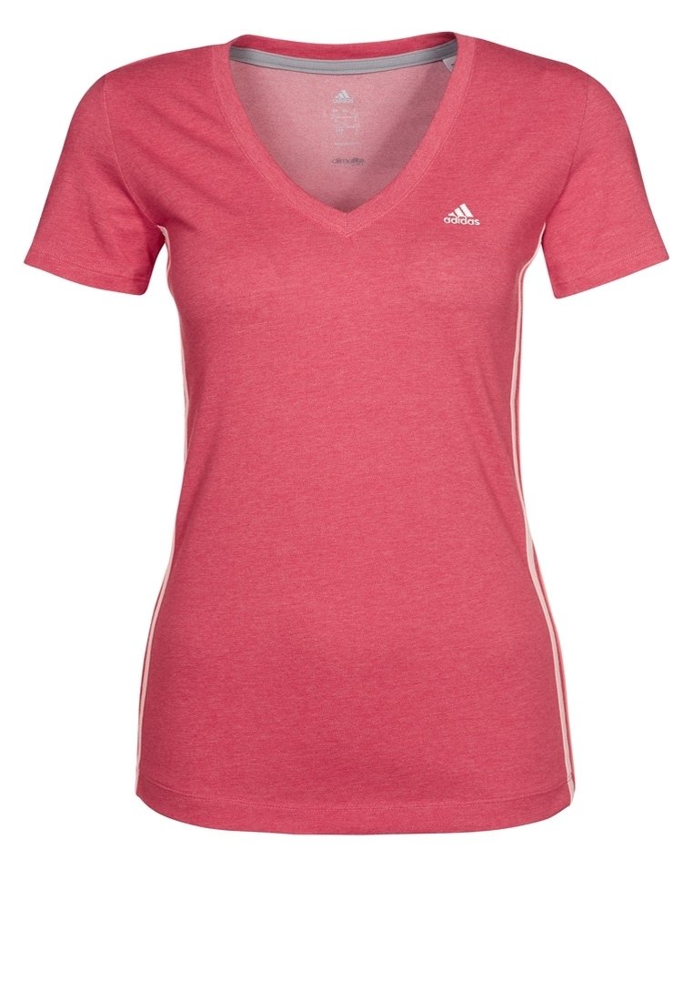 Camiseta roja de cuello en V con mangas cortas. Hecha de tela suave, con rayas laterales blancas y un pequeño logo en el lado izquierdo del pecho.