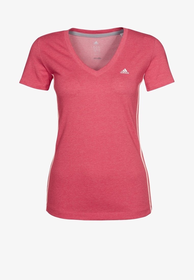 Czerwona koszulka z krótkim rękawem i dekoltem w serek. Wykonana z miękkiego materiału, z białymi paskami po bokach oraz małym logo na lewej piersi.