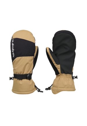 Paar braun-schwarze Winterfäustlinge mit verstellbaren Handgelenksriemen und Clips zum Befestigen, eines zeigt die Handfläche, das andere die Rückseite mit Quiksilver-Logo.
