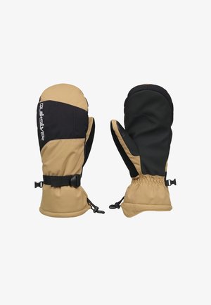 Pair of tan and black winter mittens with adjustable wrist straps and clips for attachment, one showing palm and the other back with Quiksilver logo.
