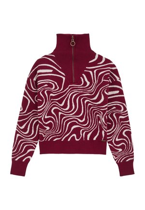 Vinrød sweater med hvidt abstrakt svirvlmønster, høj ribstrikket krave, foran lynlås med ringedrag, lange ærmer og ribstrikkede manchetter og kant.