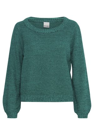Grüner Strickpullover mit einem gerippten Rundhalsausschnitt, langen Ärmeln und strukturiertem Stoff. Lockerer Schnitt mit gerafften Säumen und Bündchen.