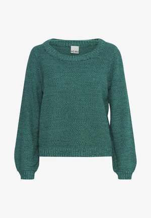 Maglione verde lavorato a maglia con collo a girocolo a costine, maniche lunghe e tessuto testurizzato. Vestibilità ampia con polsini e orlo arricciati.