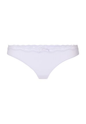 Witte bikinislips voor dames met een kanten tailleband en een klein strikdetail aan de voorkant, weergegeven op een eenvoudige witte achtergrond.