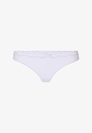 White women's bikini briefs with lace waistband and small front bow detail, displayed on a plain white background.