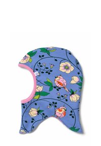 Balaclava in cotone blu con rifiniture rosa, caratterizzato da un motivo floreale con uccelli e foglie, progettato per calore e copertura.
