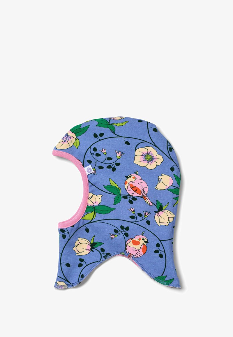 Blaue Baumwoll-Balaclava-Mütze mit pinken Details, die ein florales Muster mit Vögeln und Blättern aufweist, entworfen für Wärme und Schutz.