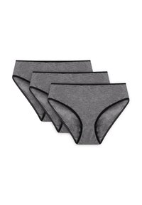 Drie paar damesonderbroeken van een donkergrijze katoenmix, met een gladde textuur en een contrasterende zwarte elastische tailleband.