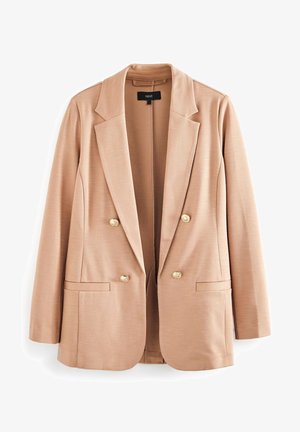 Blazer beige hecho de tela texturizada. Presenta un cuello con solapas, diseño cruzado, dos bolsillos frontales y botones redondos dorados.