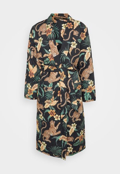 Black robe featuring a pattern of leopards, tropical leaves, and flowers. Made of soft fabric, with long sleeves and a belted waist.