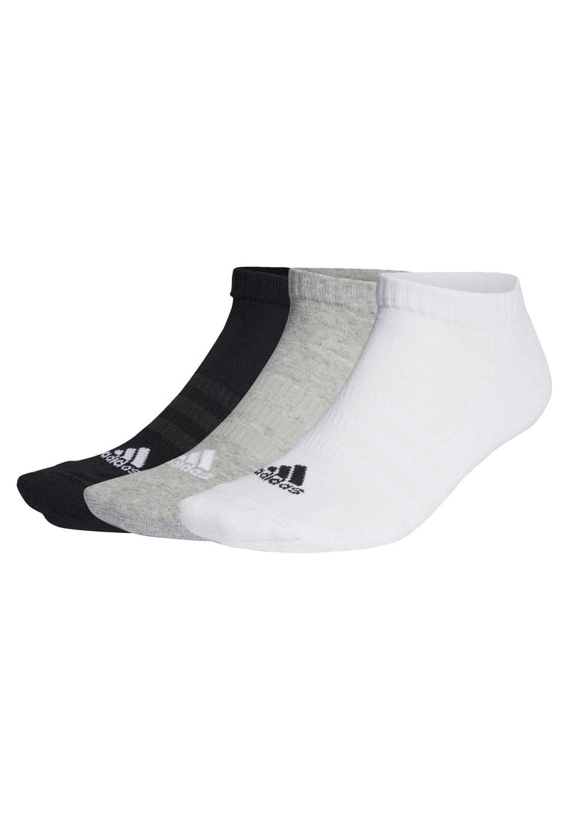 Drei Paar Fußletes: schwarz, grau und weiß. Aus einer Baumwollmischung gefertigt, mit Logodetails und gerippten Bündchen. Schlichtes und funktionales Design.