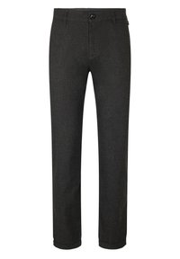 Pantalon gris foncé à jambes droites avec fermeture bouton et zip, passants de ceinture et ourlets retroussés.