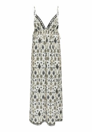 Rochie maxi dintr-un material ușor, cu un model alb-negru și accente verzi, bretele subțiri și decolteu în V cu dantelă.