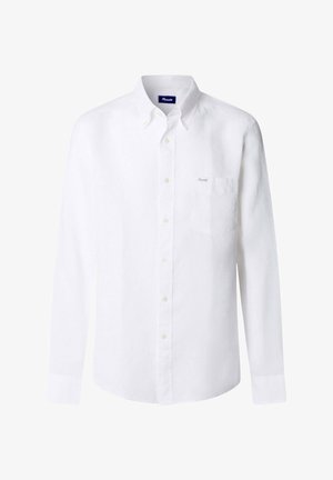 Chemise blanche à manches longues avec col boutonné et poche poitrine, ornée d'un petit logo brodé sur la poche.