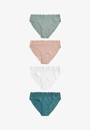 Négy pár női alsónemű zöld, rózsaszín, fehér és türkiz színben, scallop lace derékkal és sima felülettel. Mindegyik pár egyszerű dizájnnal rendelkezik.