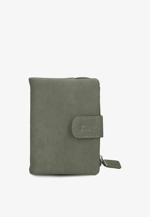 Compact olive green textured leather wallet with a snap closure strap and zipper pull tab on a white background.