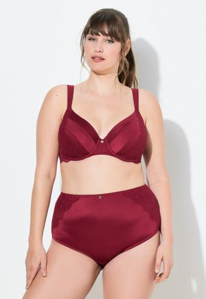 Burgundy lingerie set featuring a textured bra with lace accents and a matching high-waisted brief. Smooth fabric with ribbed detail.