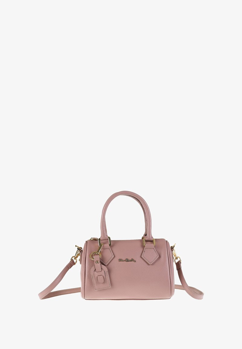 Roze nepleder handtas met dubbele handgrepen, afneembare schouderband, gouden hardware, diamantvormige accenten en een ritssluiting.