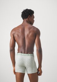 Πράσινοι μποξεράκι με λαστιχάκι διαθέτουν λευκό αφηρημένο σχέδιο. Το ύφασμα φαίνεται λείο με εφαρμοστή σχεδίαση.