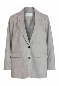 Grå kavaj med en strukturerad tyg, bröstfickor, enkelknäppt knäppning och två framskjutna fickor. Fodrad insida.