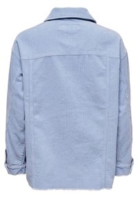 Veste en velours côtelé bleu clair à manches longues, col replié, coutures visibles et ourlet droit, vue de dos.