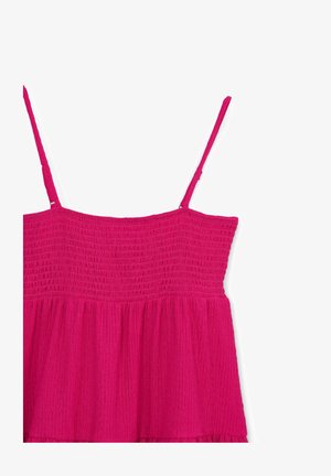 Fuchsia Tanktop mit dünnen Trägern, ausgestattet mit einem gerafften Oberteil und einem ausgestellten Rock. Hergestellt aus strukturiertem Stoff mit einem leichten, fließenden Design.