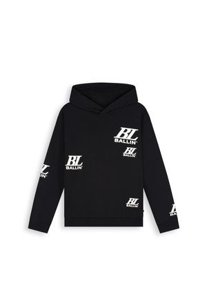 Schwarzer Hoodie mit mehreren weißen "BL Ballin" Logos, die vorne, an den Ärmeln und nahe dem Saum verteilt sind, mit Kapuze und langen Ärmeln.