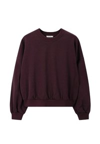 Bordeaux pullover sweatshirt met een ronde hals, lange mouwen en elastische zoom. Zachte stof met een lichte textuur en geen zichtbare patronen.