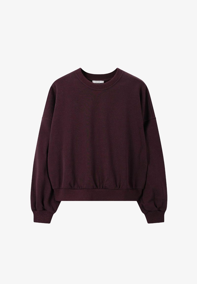 Bordeaux pullover sweatshirt met een ronde hals, lange mouwen en elastische zoom. Zachte stof met een lichte textuur en geen zichtbare patronen.