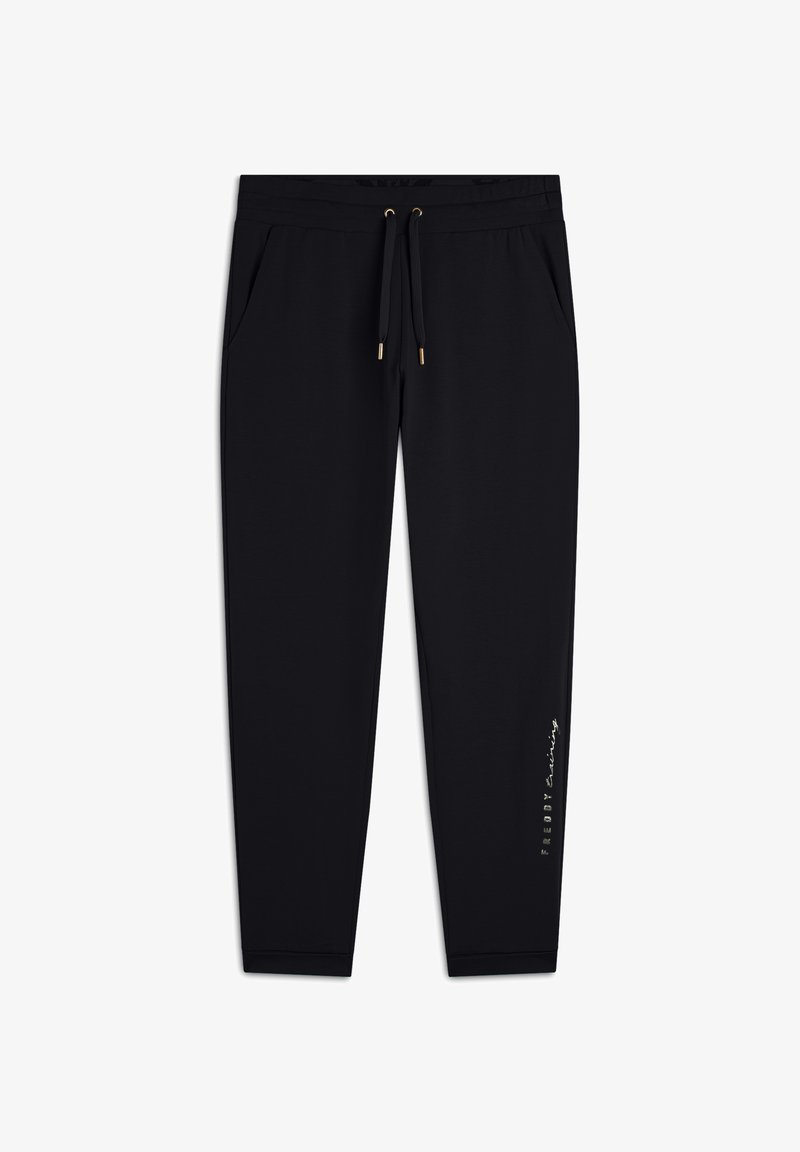 Pantalones de chándal negros con cintura ajustable, bolsillos laterales y detalles en dorado. Presenta el logo "Freddy" en blanco en la pierna izquierda.