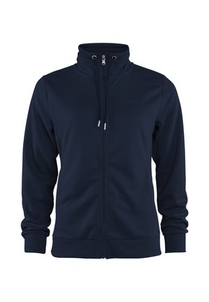 Marineblaue Jacke mit Reißverschluss, hohem Kragen, Kordelzug, langen Ärmeln, gerippten Bündchen und Bund auf weißem Hintergrund.